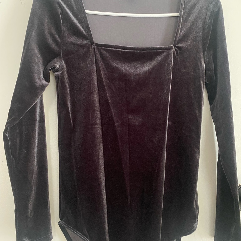 Purple and Gray Fitted Bodysuit with Long Sleeves and Square Neckline